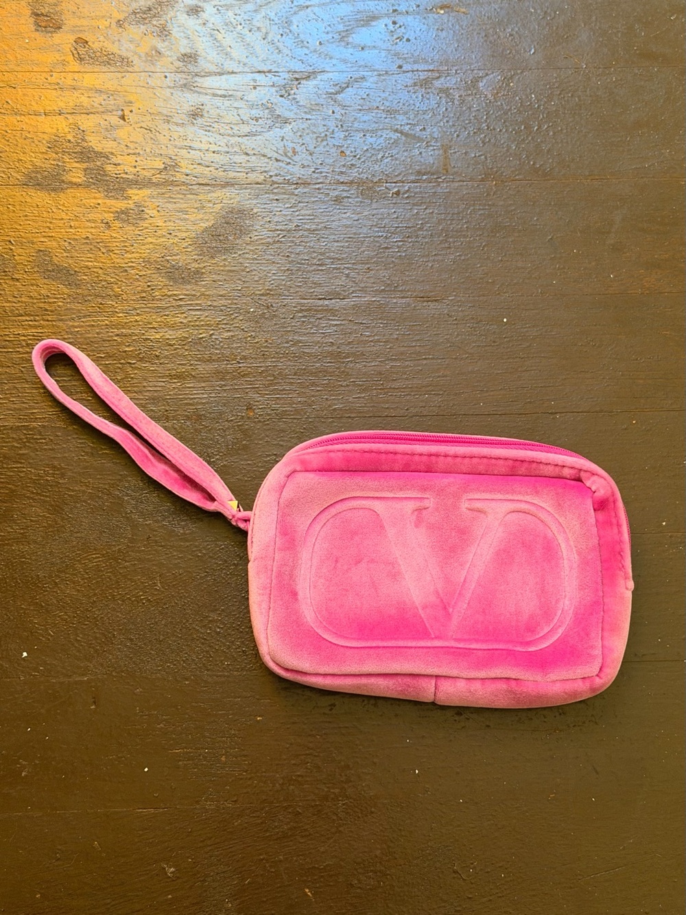 Pink velour small Wristlet with Embossed Valentino Logo makeup bag